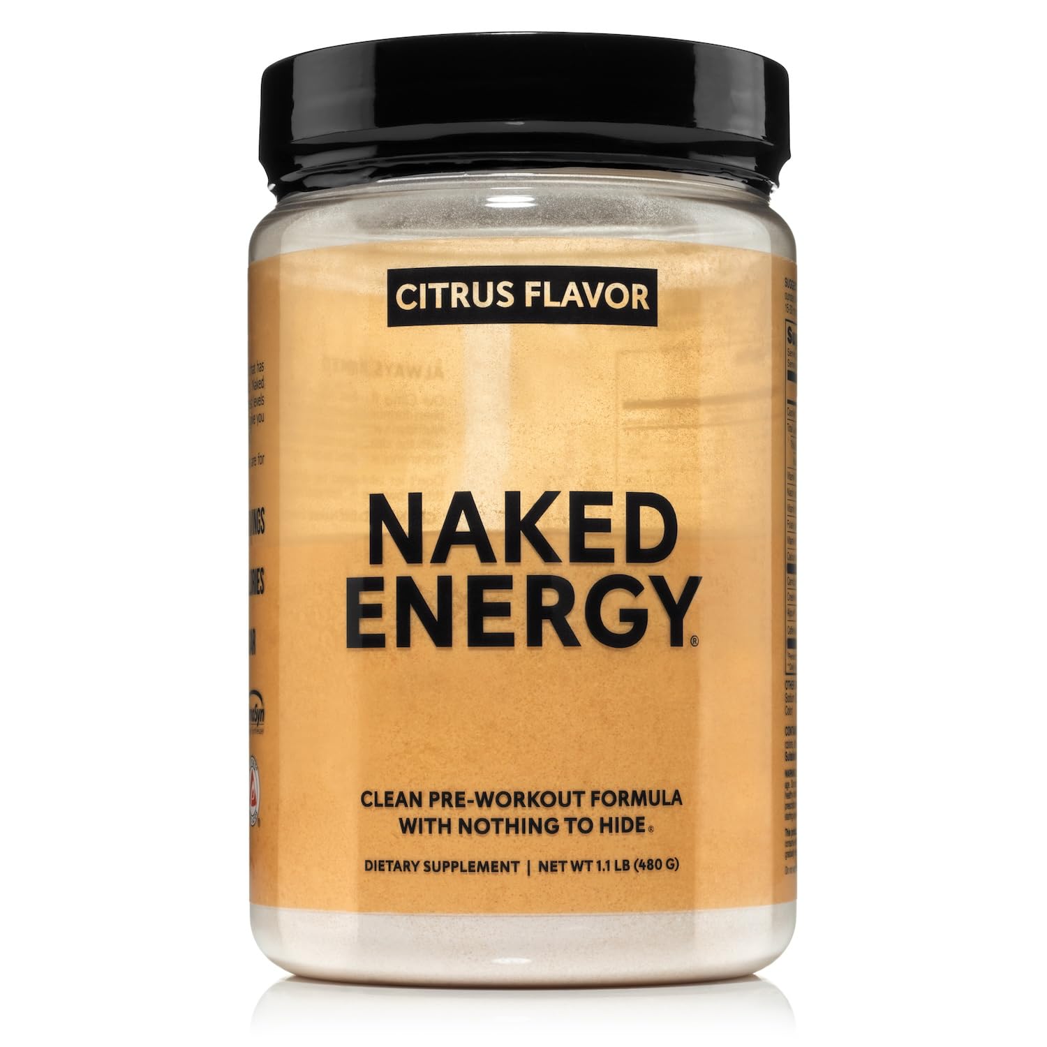 NAKED Citrus Energy powder in a jar for a clean pre-workout boost.