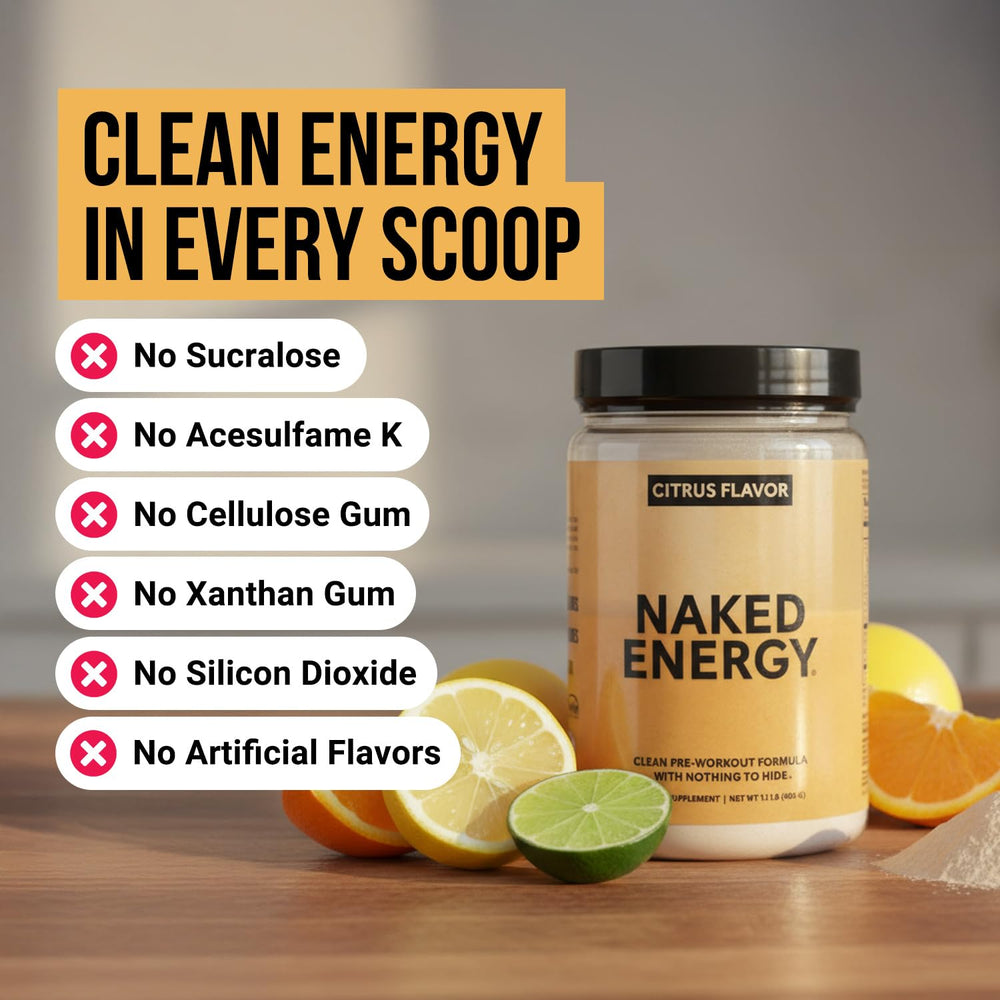 NAKED Citrus Energy scoop highlighting vegan formula for active men and women.