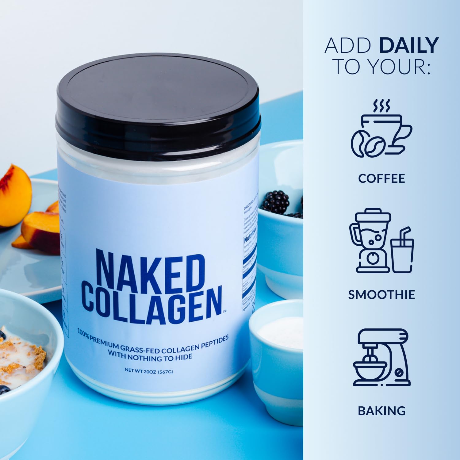 Packaging close-up of Naked Collagen showcasing Paleo and Keto friendly attributes.