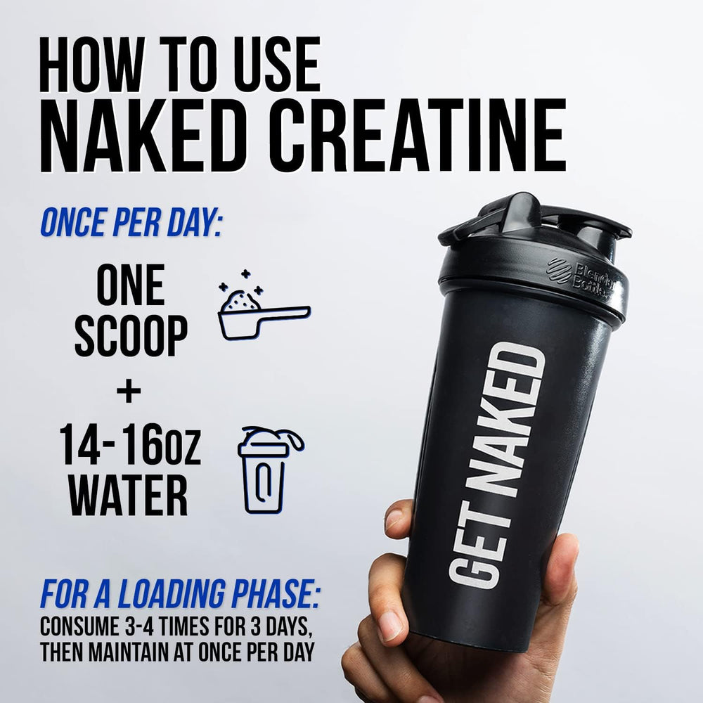 NAKED creatine packaging front highlights vegan and non-GMO status.