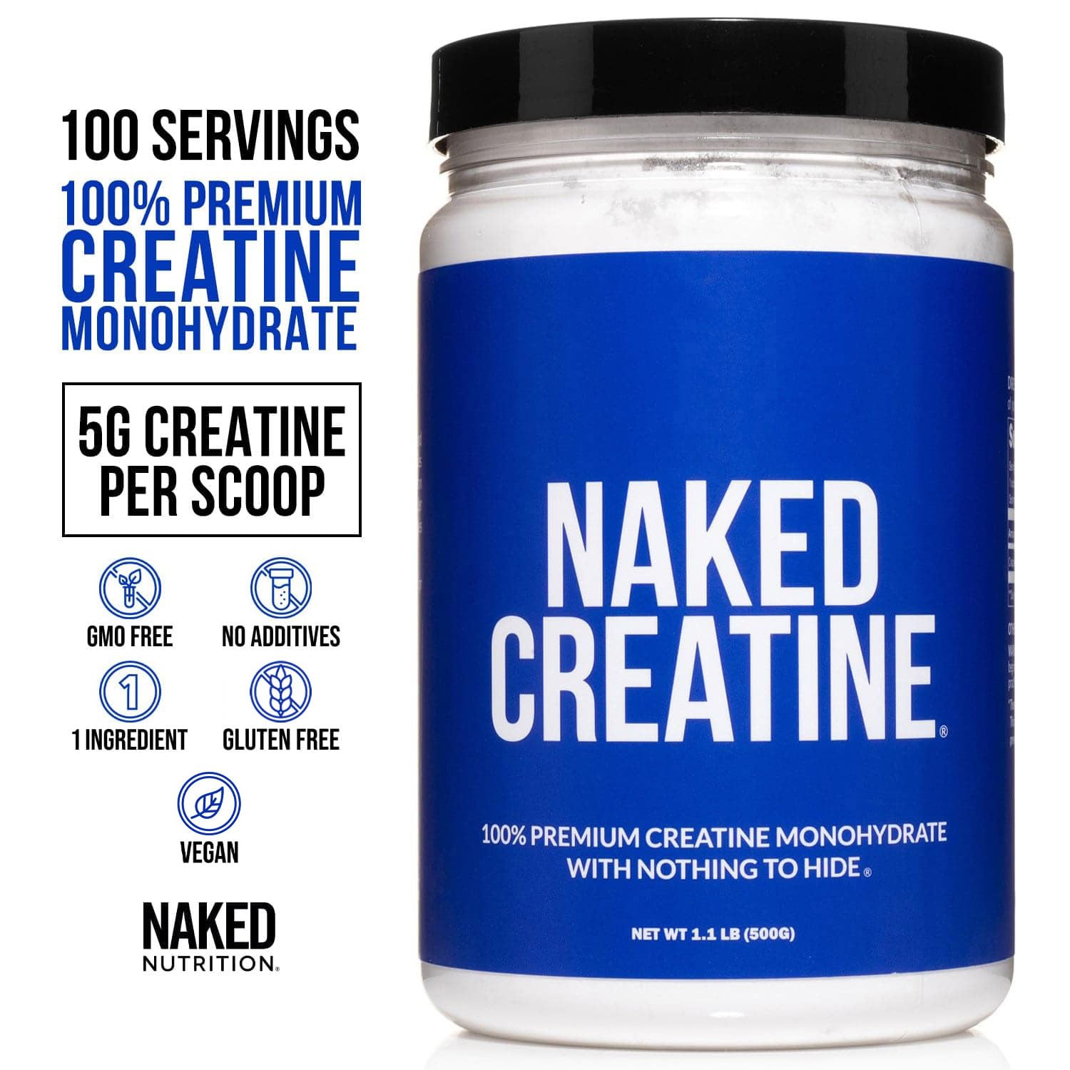 NAKED creatine scoop in glass shows fast-dissolving effectiveness.
