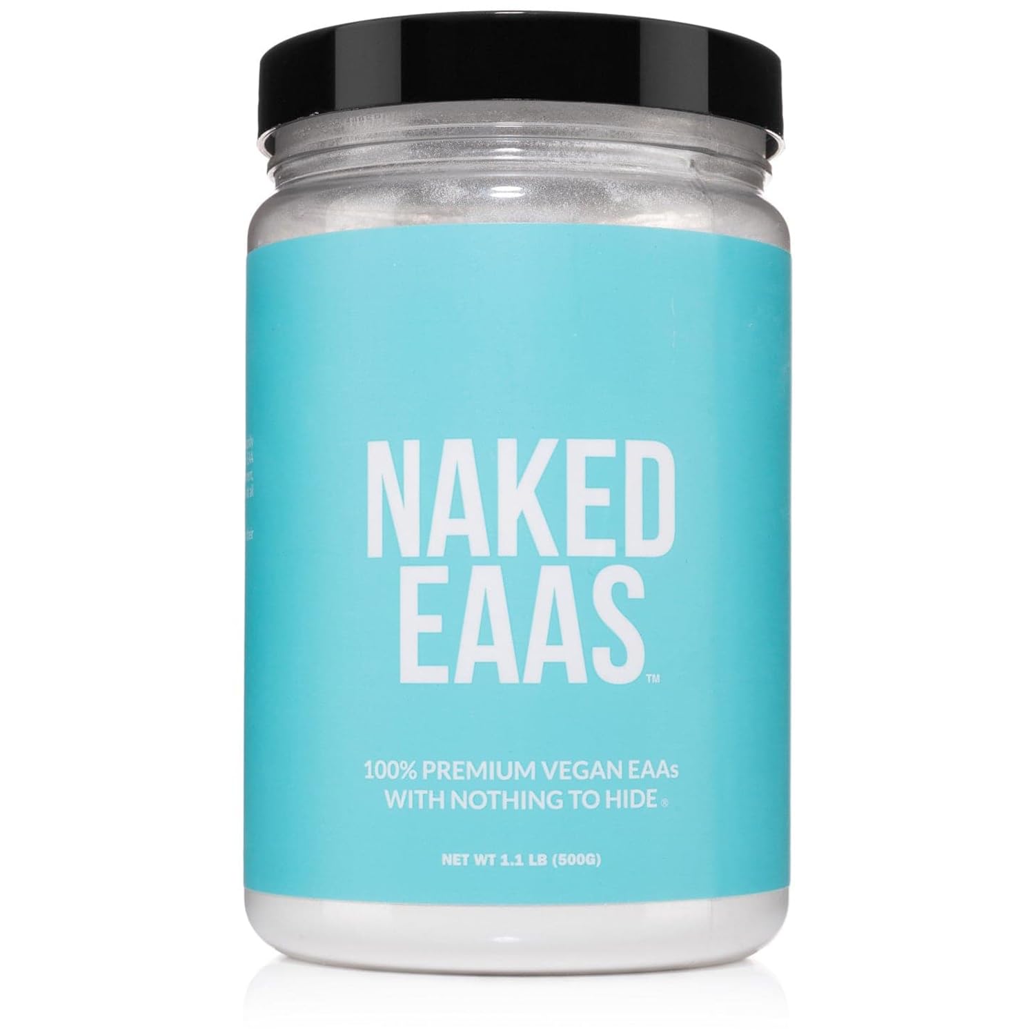 NAKED EAAs bottle closeup showing clean vegan amino acids for pre or post-workout support.