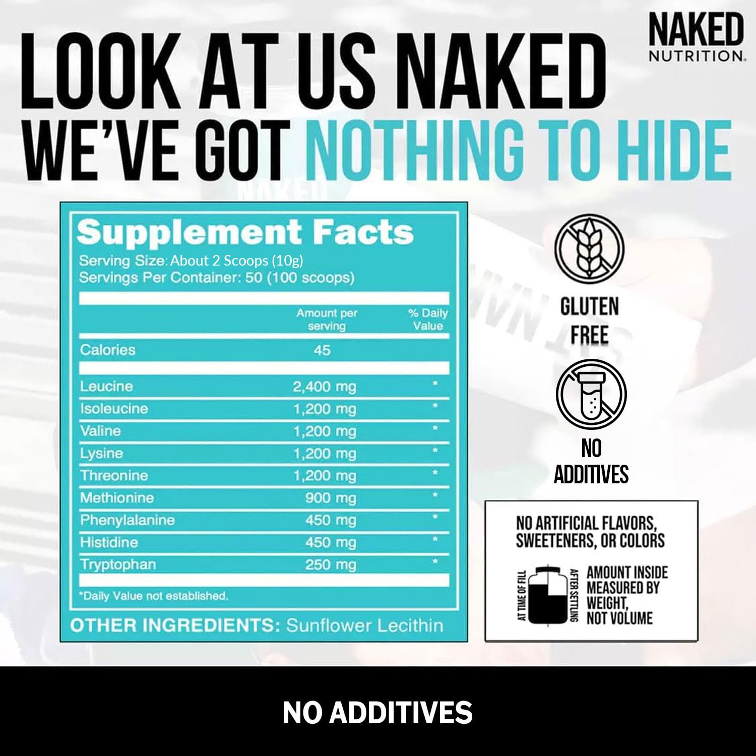 NAKED EAAs powder in liquid highlights fast-dissolving formula for smooth hydration.