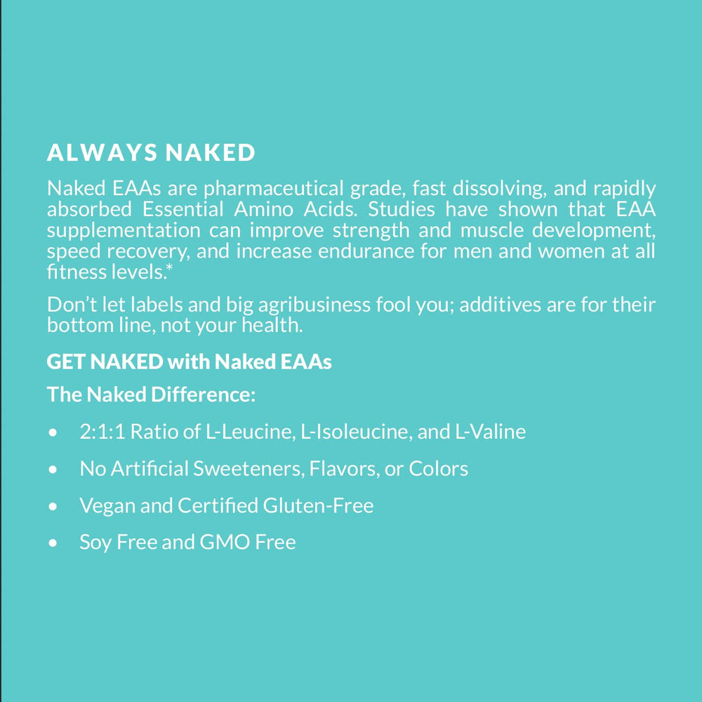 NAKED EAAs vegan-glutenfree label emphasizes clean, plant-based amino acid support.