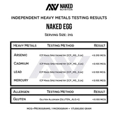 NAKED egg white protein packaging front highlighting US farms and non-GMO eggs.