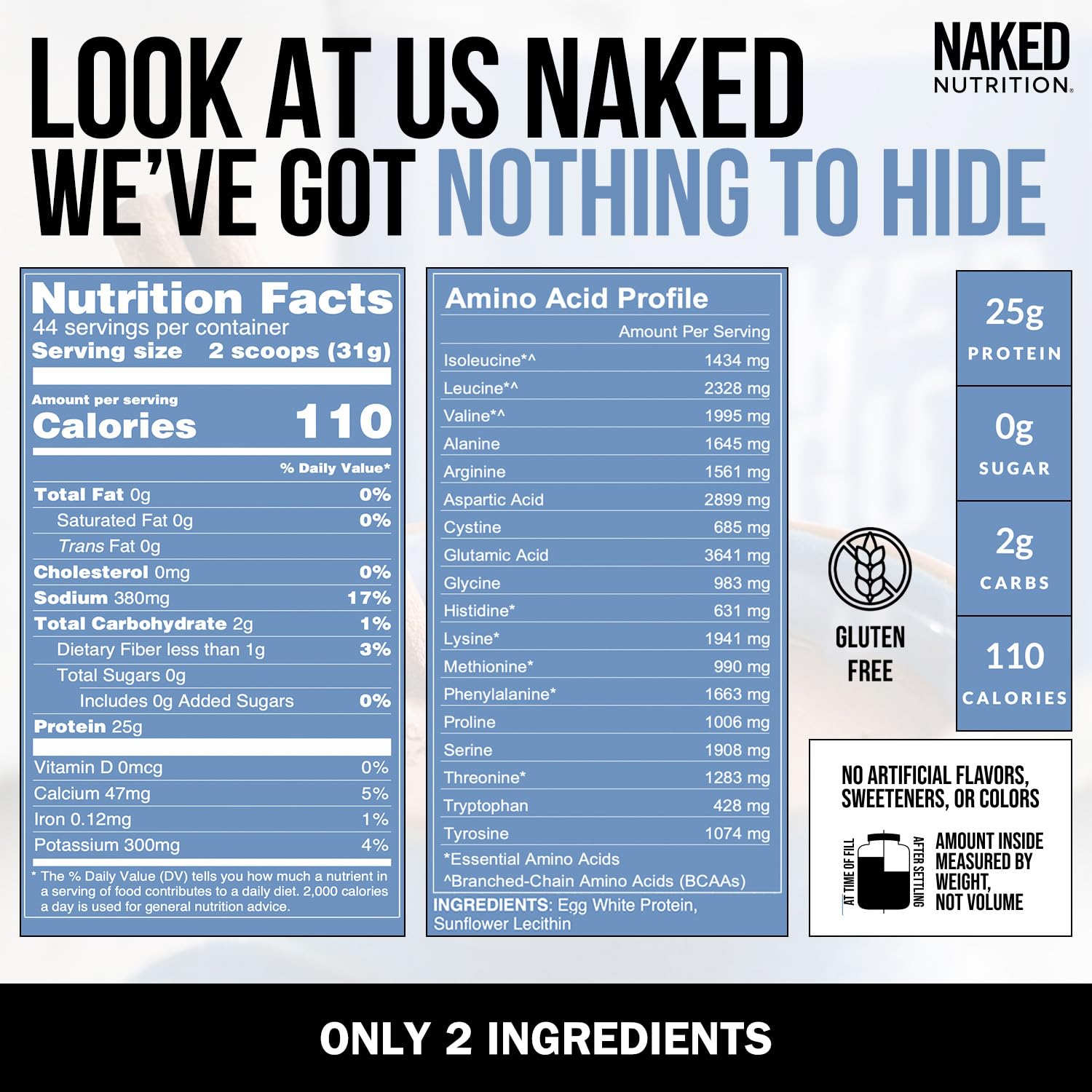 NAKED egg white protein scoop beside powder, ideal for fast, dairy-free shakes.