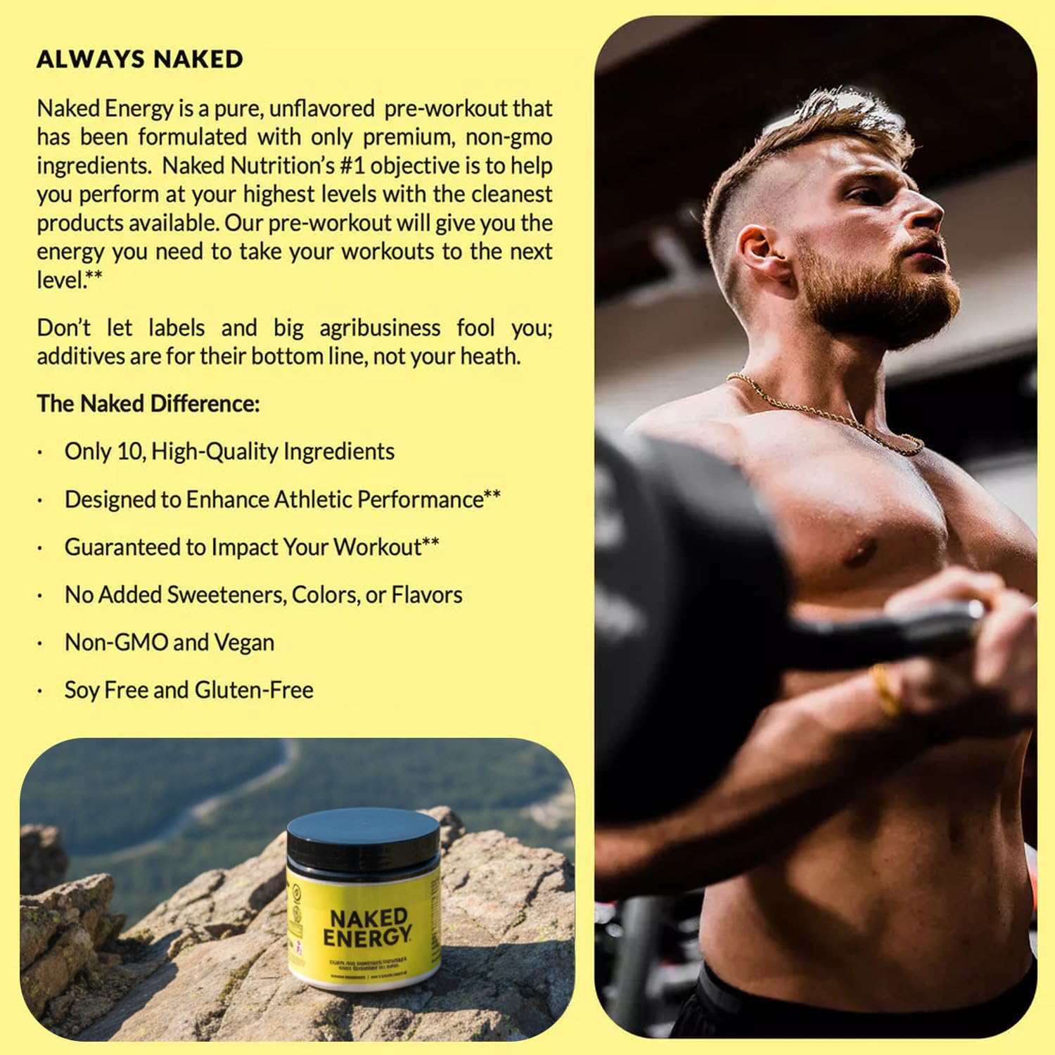Caffeine graphic beside Naked Energy powder