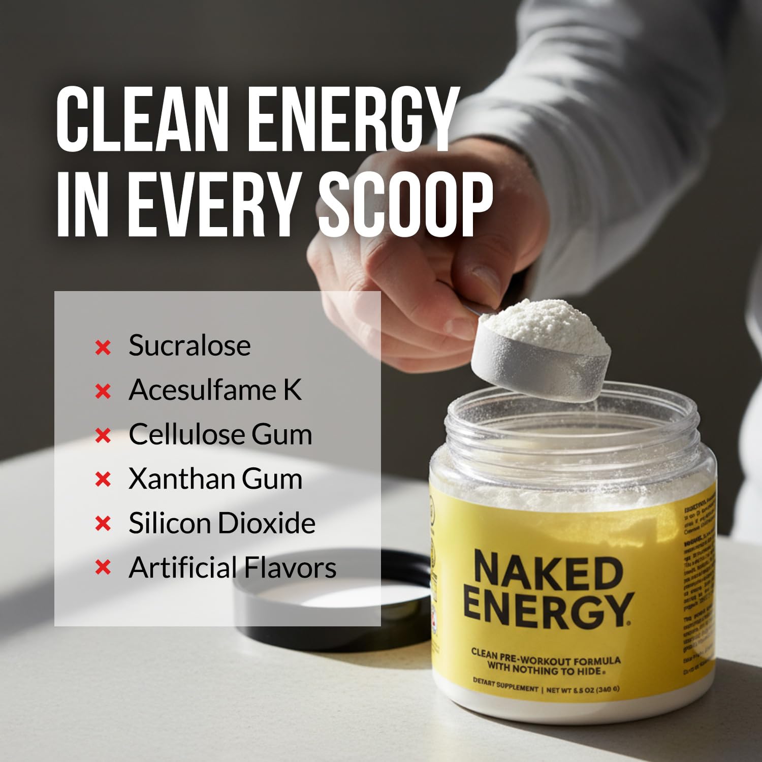 Scoop of Naked Energy ready to mix for workouts