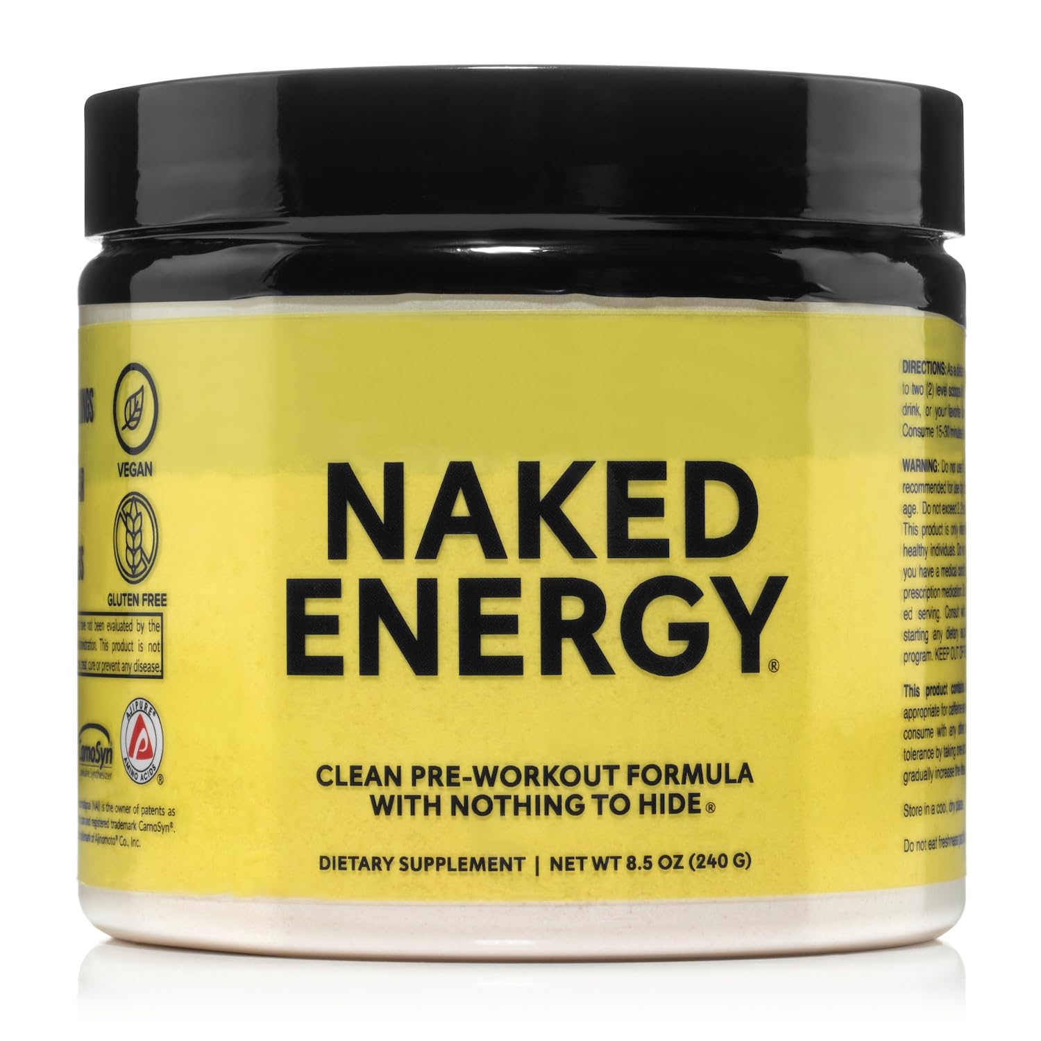 NAKED Energy tub front showing unflavored pre workout formula