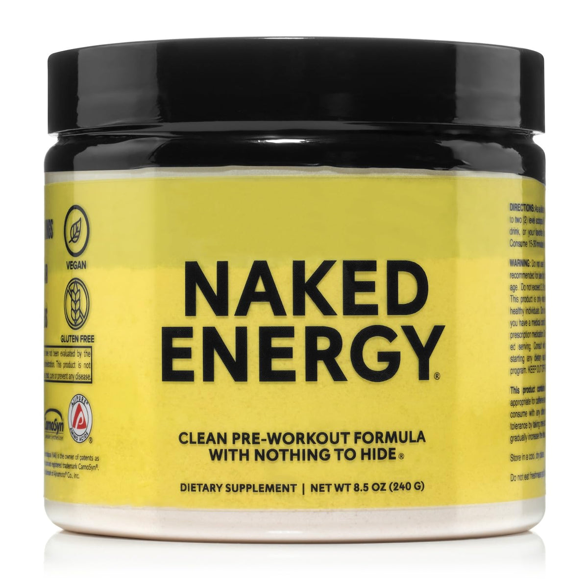 NAKED Energy tub front showing unflavored pre workout formula