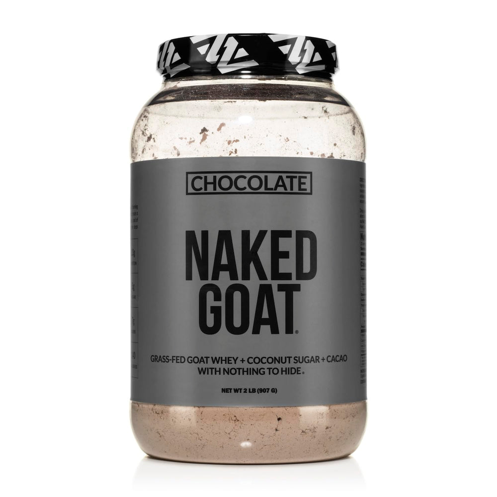 NAKED Goat Chocolate Protein Powder pour: smooth, protein-rich shake option.