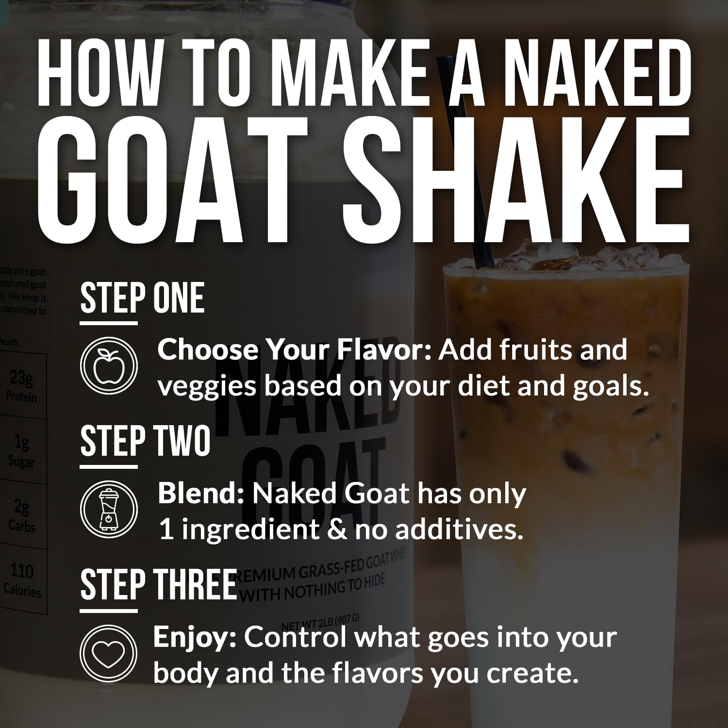 NAKED Goat Chocolate Protein Powder serving with glass and scoop.