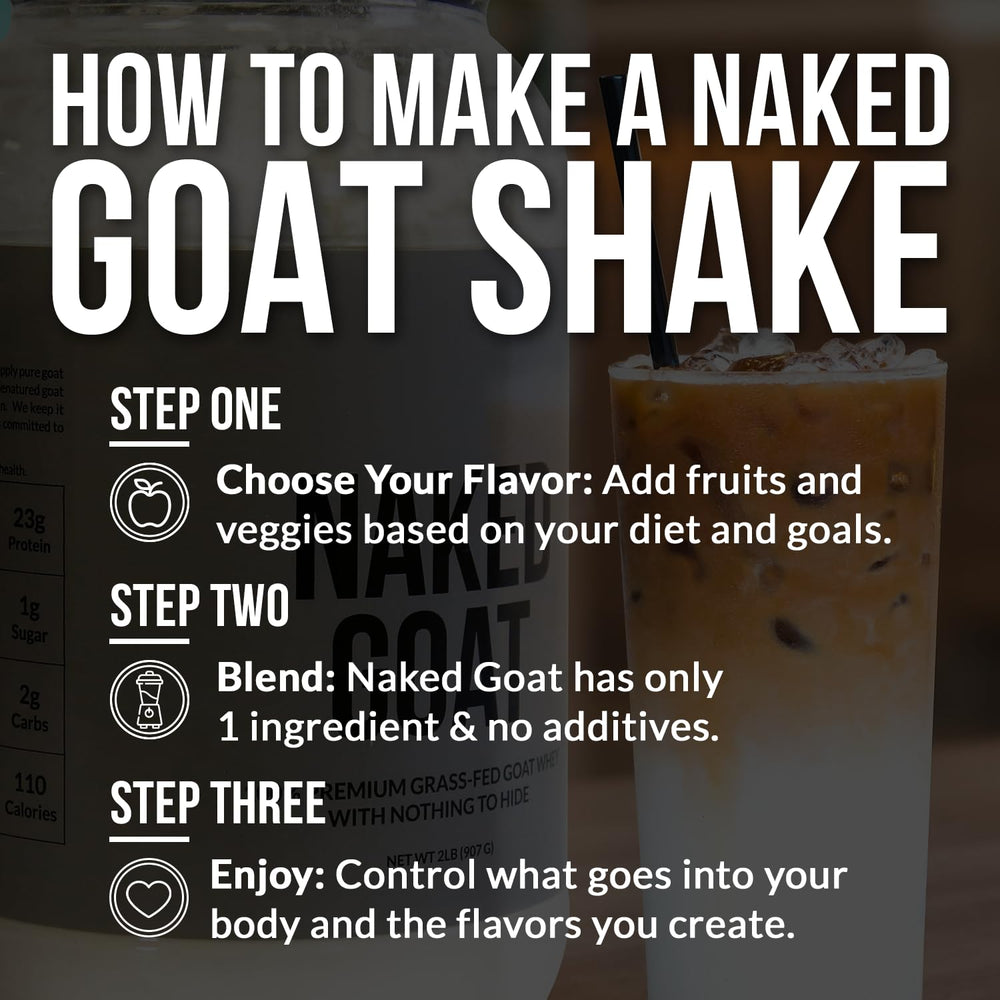 NAKED Goat Chocolate Protein Powder serving with glass and scoop.