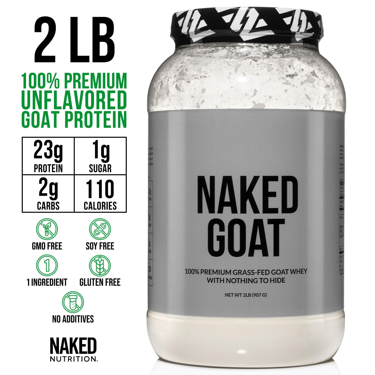 NAKED Goat whey powder label highlights grass-fed, single-ingredient formula.