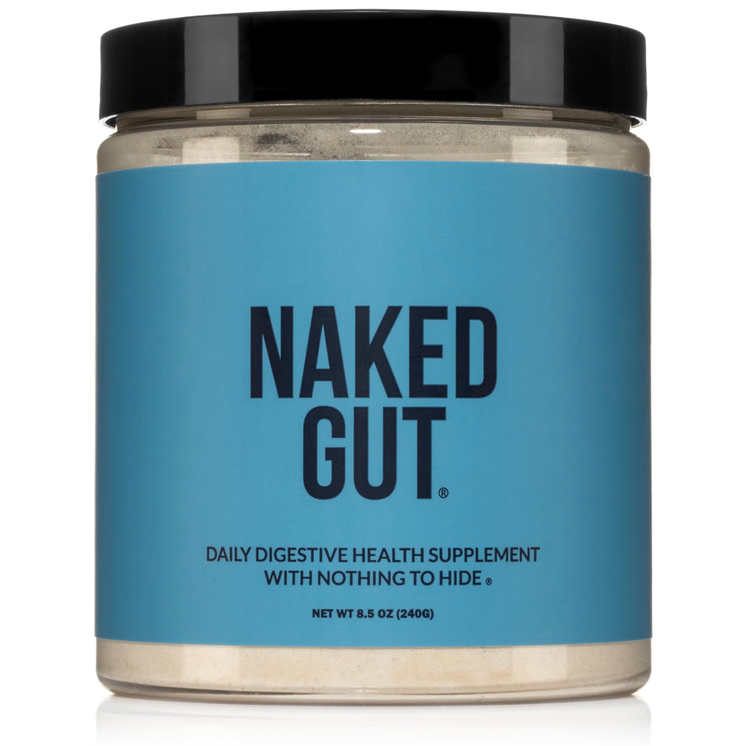 NAKED Gut bottle label showing natural digestive support for daily wellness.