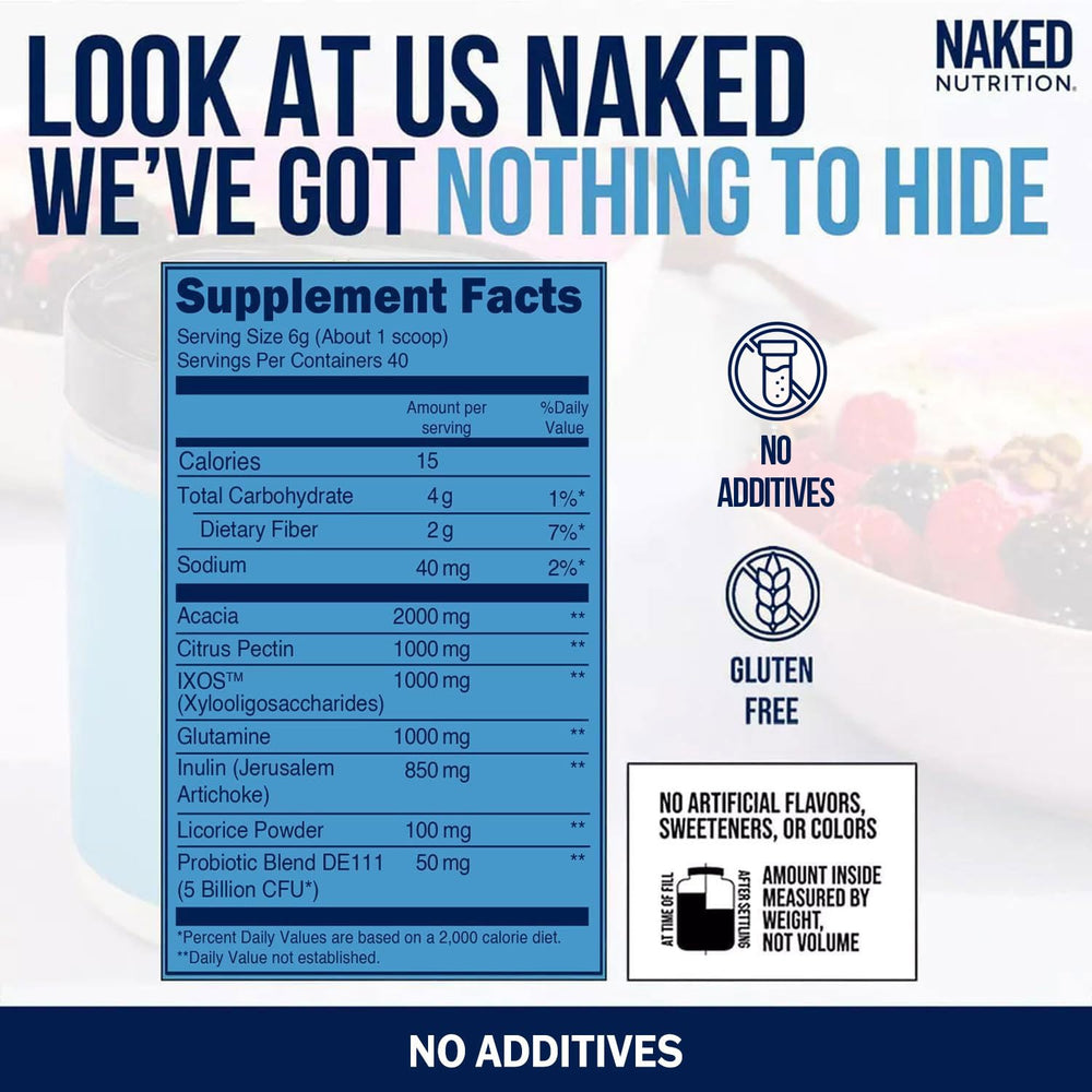 NAKED Gut natural ingredients emphasizing GMO-free and vegan formula.