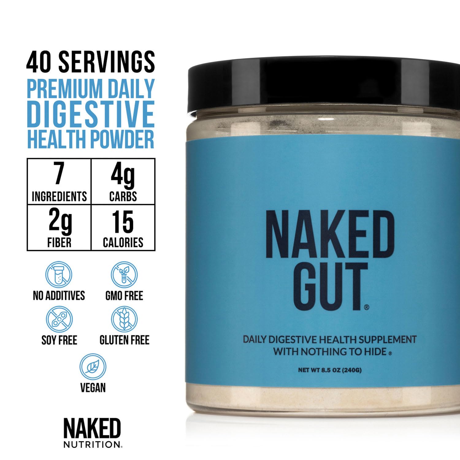 NAKED Gut prebiotic probiotic blend highlighting gut-friendly ingredients.