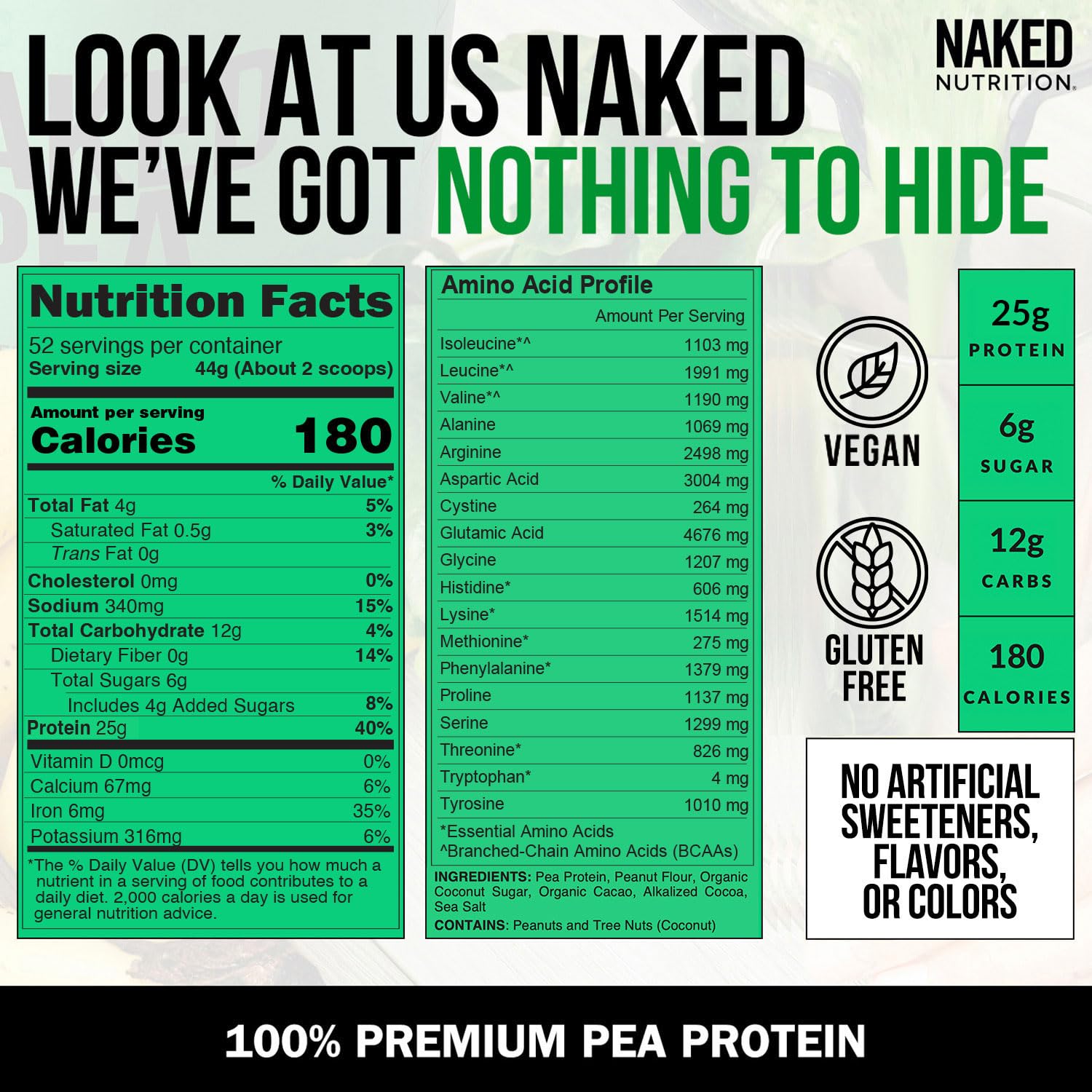 Front label of NAKED Pea bag highlighting gluten-free and soy-free ingredients