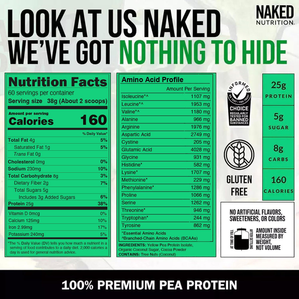 NAKED Pea Protein Chocolate shake in a glass, dairy-free.