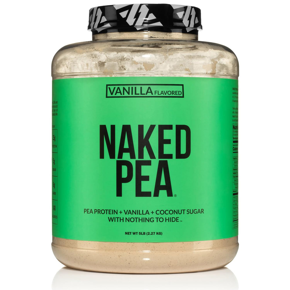 NAKED Pea Vanilla protein powder bag highlights three clean ingredients.