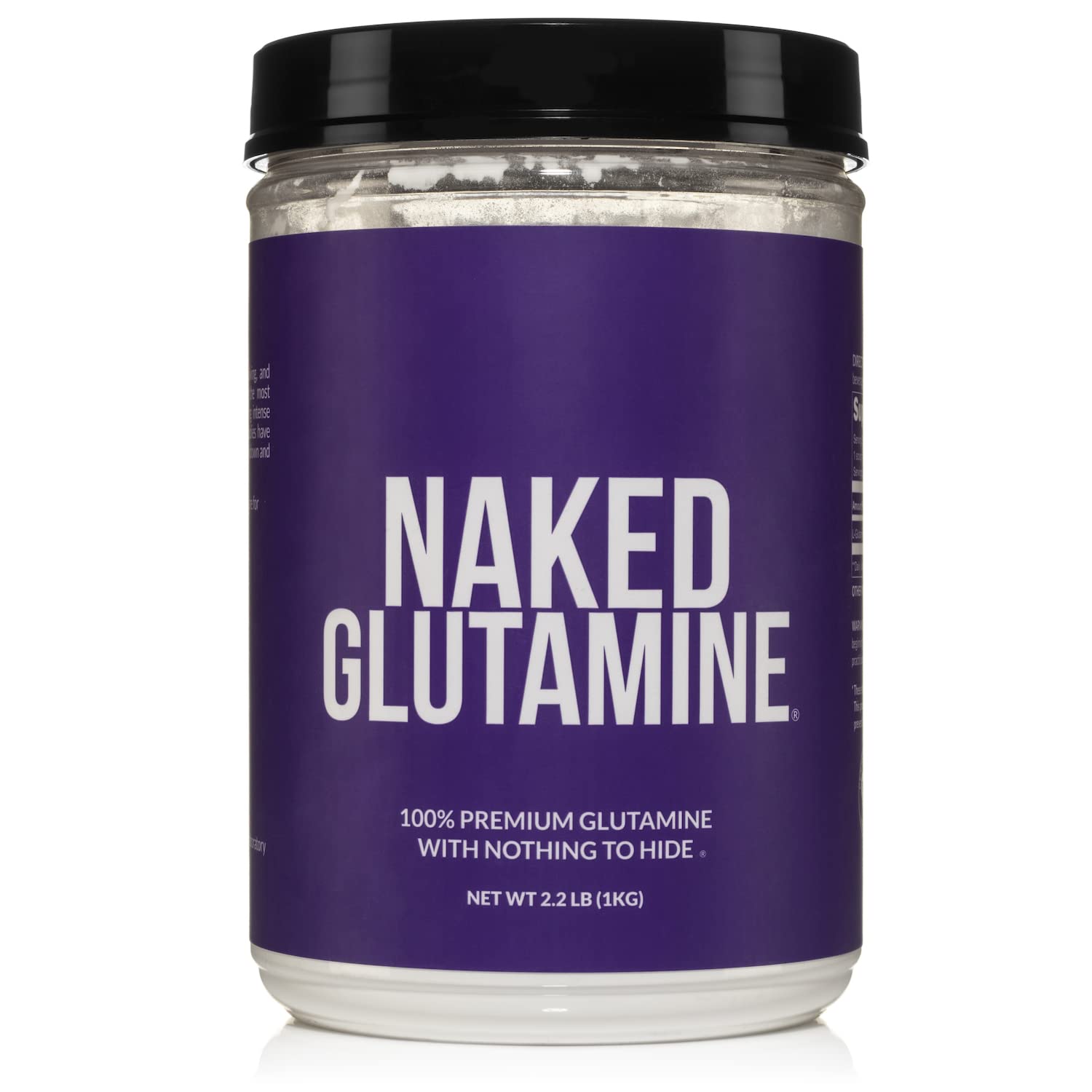 NAKED L-Glutamine bottle with additive-free formula for post-workout recovery.