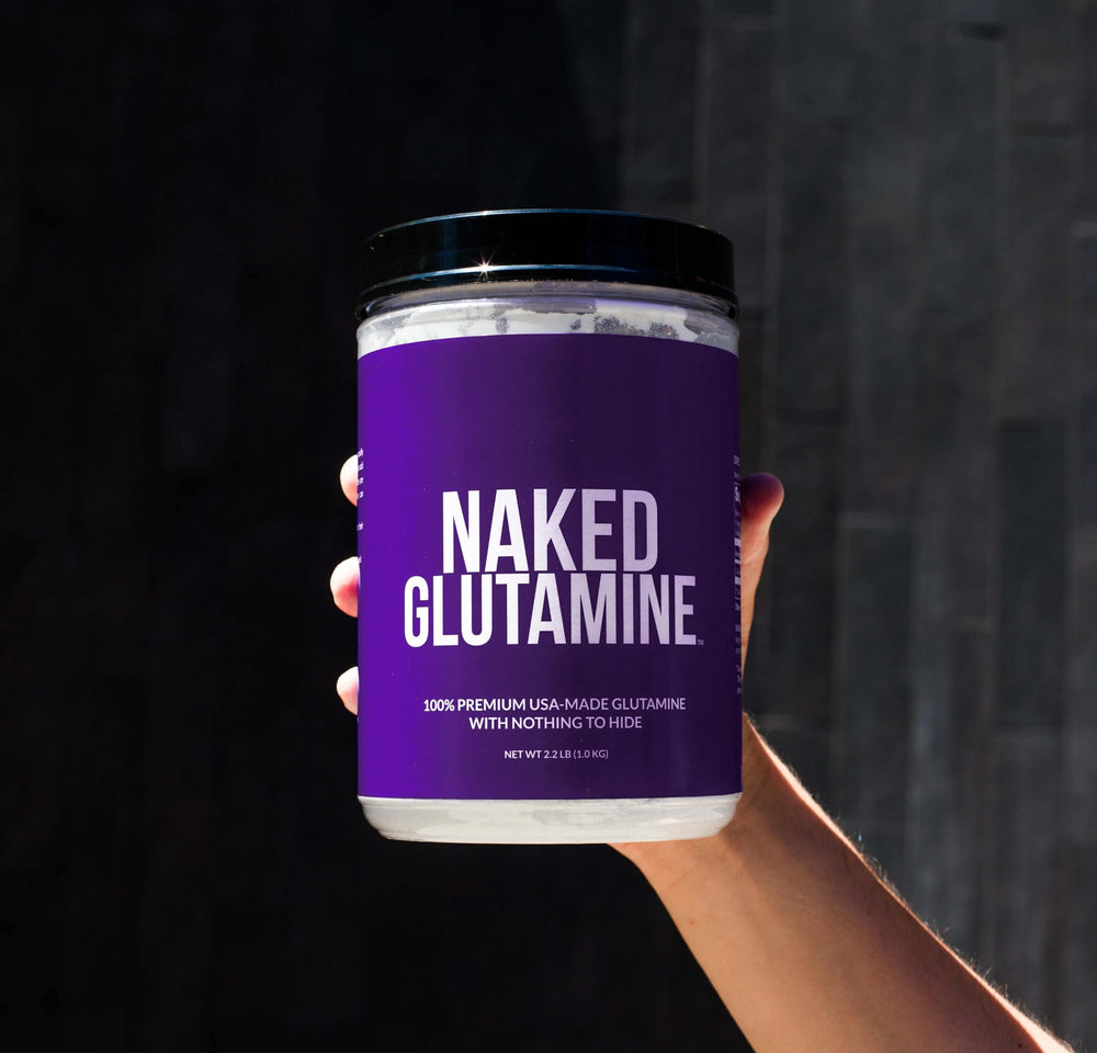 Ingredients list showing vegan, non-GMO, gluten- and soy-free L-Glutamine.