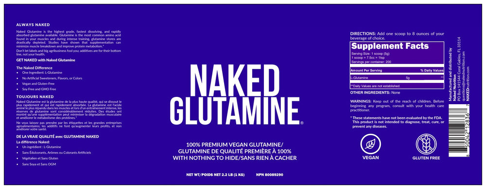 Bulk 1,000g packaging of Naked L-Glutamine for value.