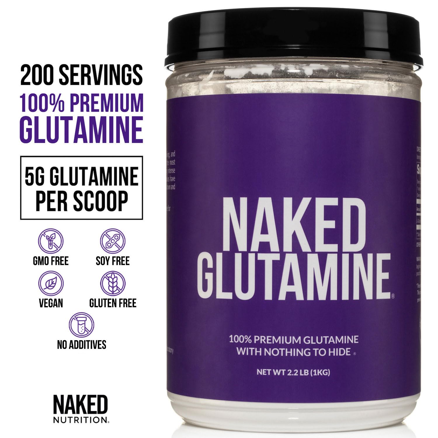 NAKED L-Glutamine scoop highlighting convenient serving for workouts.