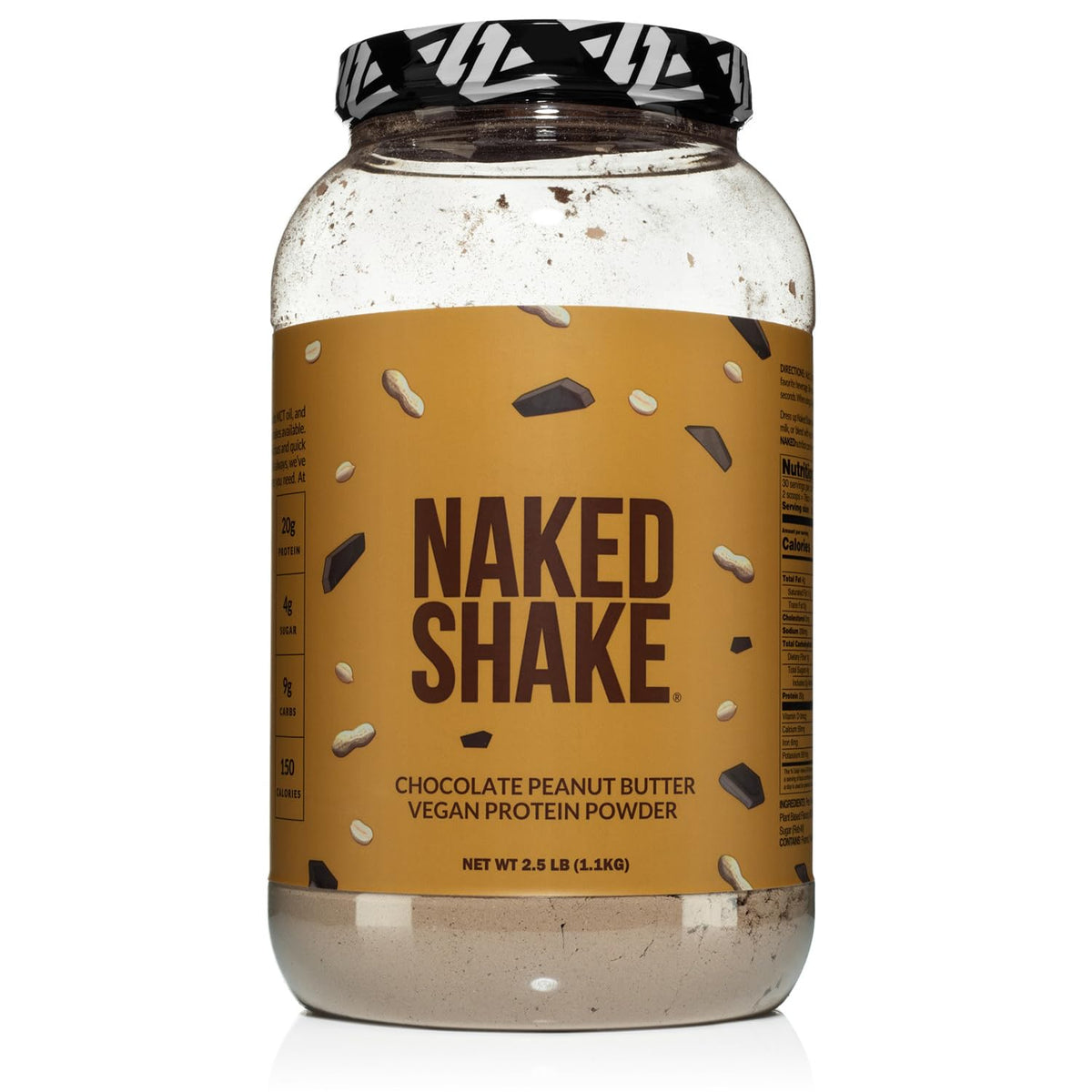 NAKED Shake chocolate peanut butter powder close-up for high-protein vegan shakes