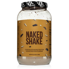 NAKED Shake chocolate peanut butter powder close-up for high-protein vegan shakes