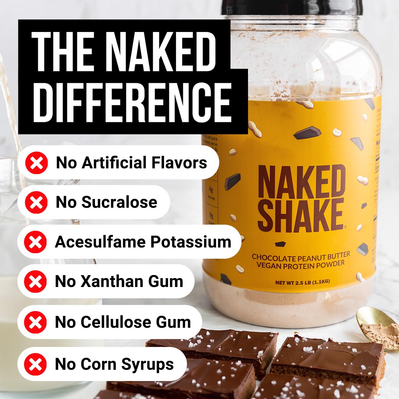 NAKED Shake scoop measuring chocolate peanut butter flavor for quick protein boost