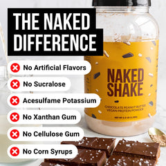 NAKED Shake scoop measuring chocolate peanut butter flavor for quick protein boost