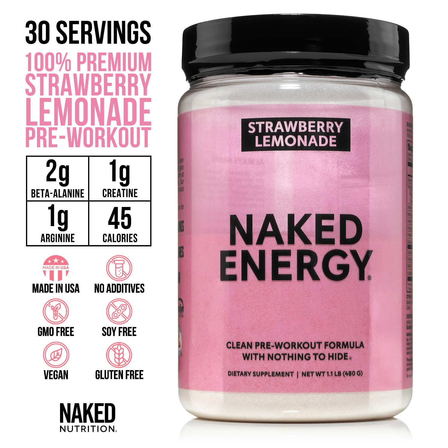 NAKED Strawberry Lemonade Energy scoop dispensing precise dose for workouts.