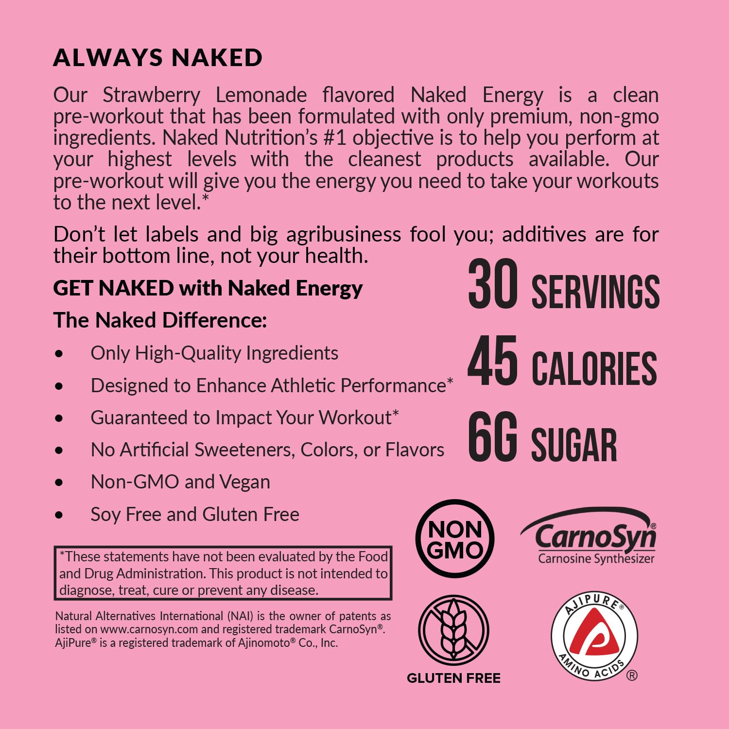 NAKED Strawberry Lemonade Energy vegan packaging highlighting pure ingredients.