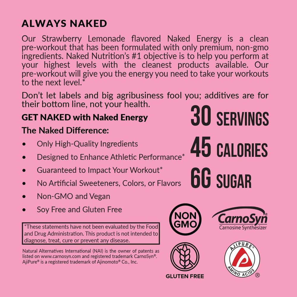 NAKED Strawberry Lemonade Energy vegan packaging highlighting pure ingredients.