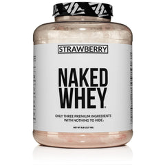 NAKED Strawberry Whey Protein powder with scoop showing clean three-ingredient formula for post-workout recovery