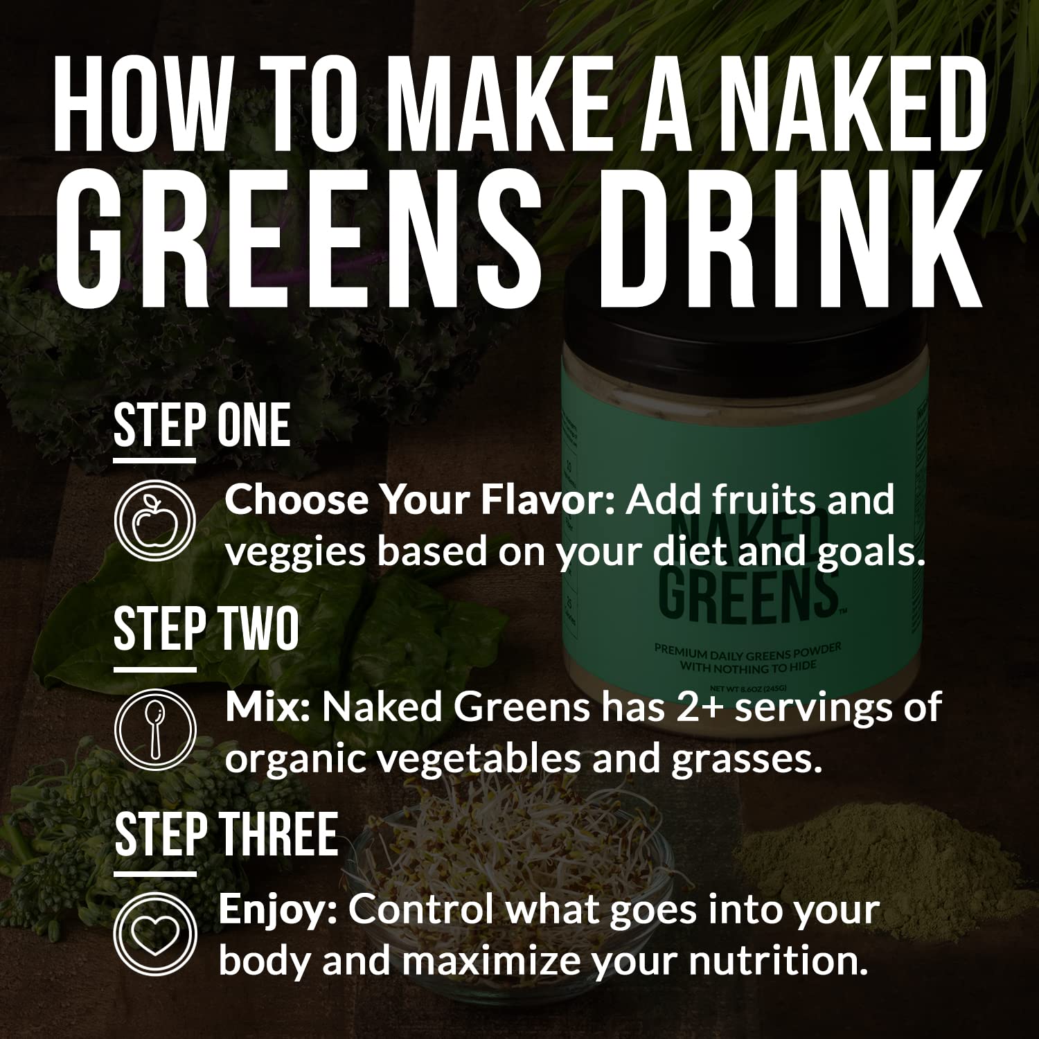 NAKED Super Greens adaptogens on the label suggesting stress balance