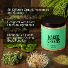 NAKED Super Greens powder poured into a glass with a refreshing shake