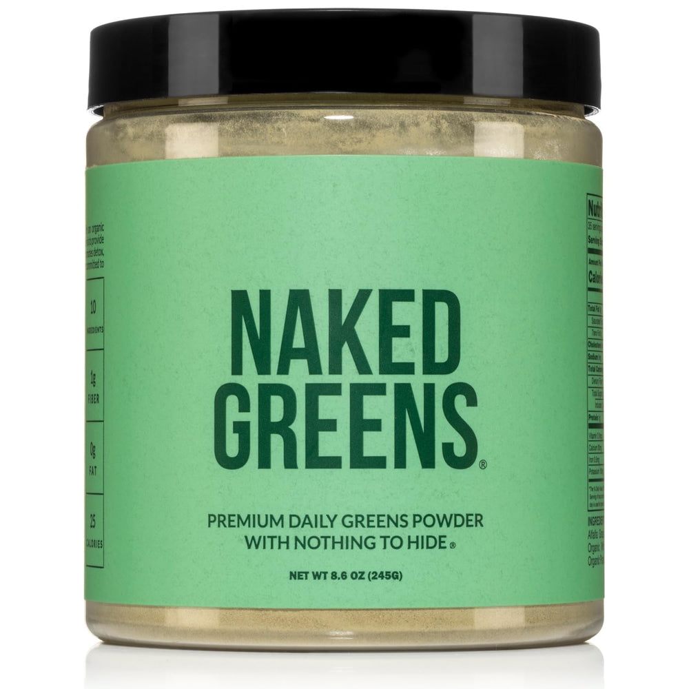 NAKED Super Greens powder tub label highlighting organic greens blend for daily vitality