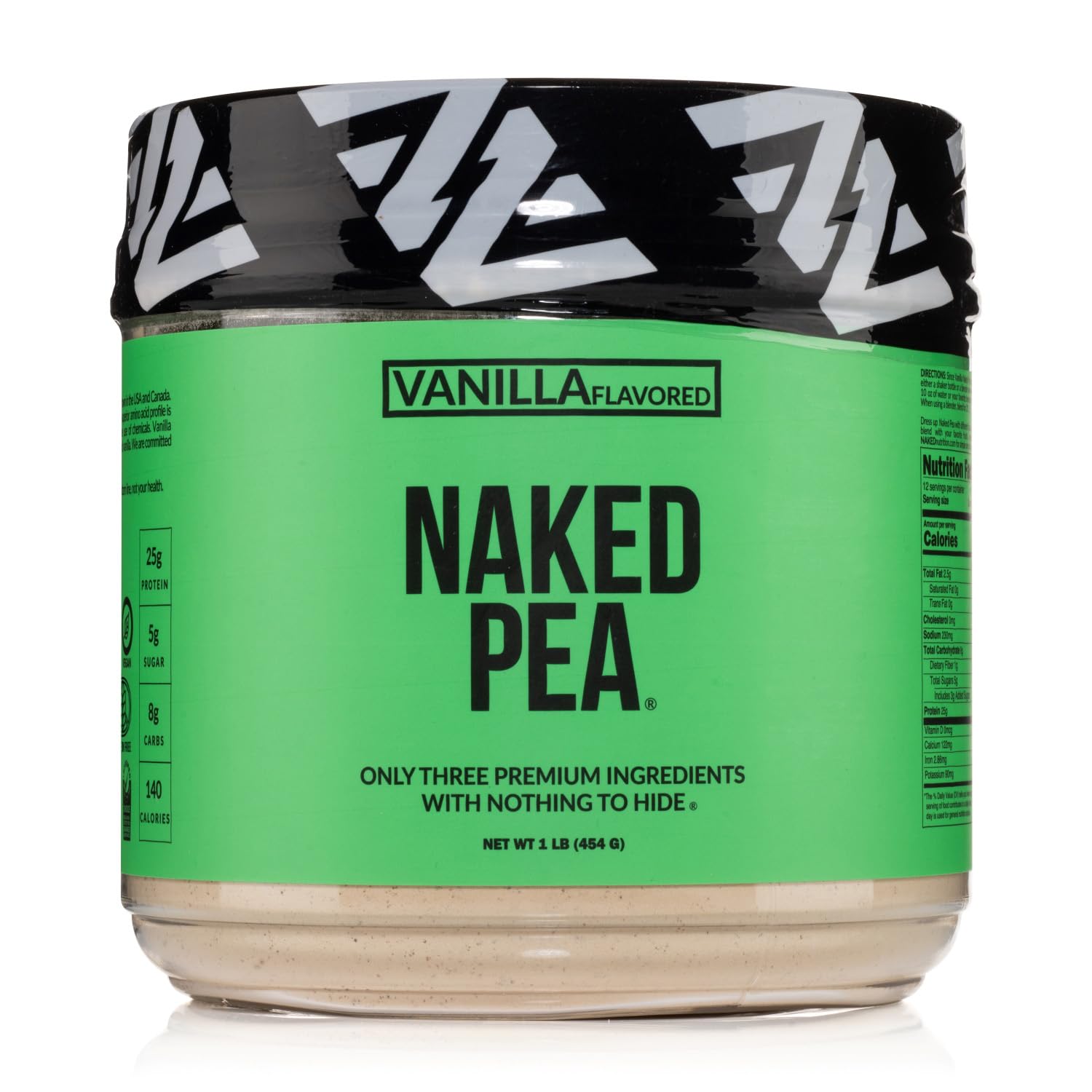 NAKED Vanilla Pea Protein bag full view highlights three-ingredient formula for clean vegan protein