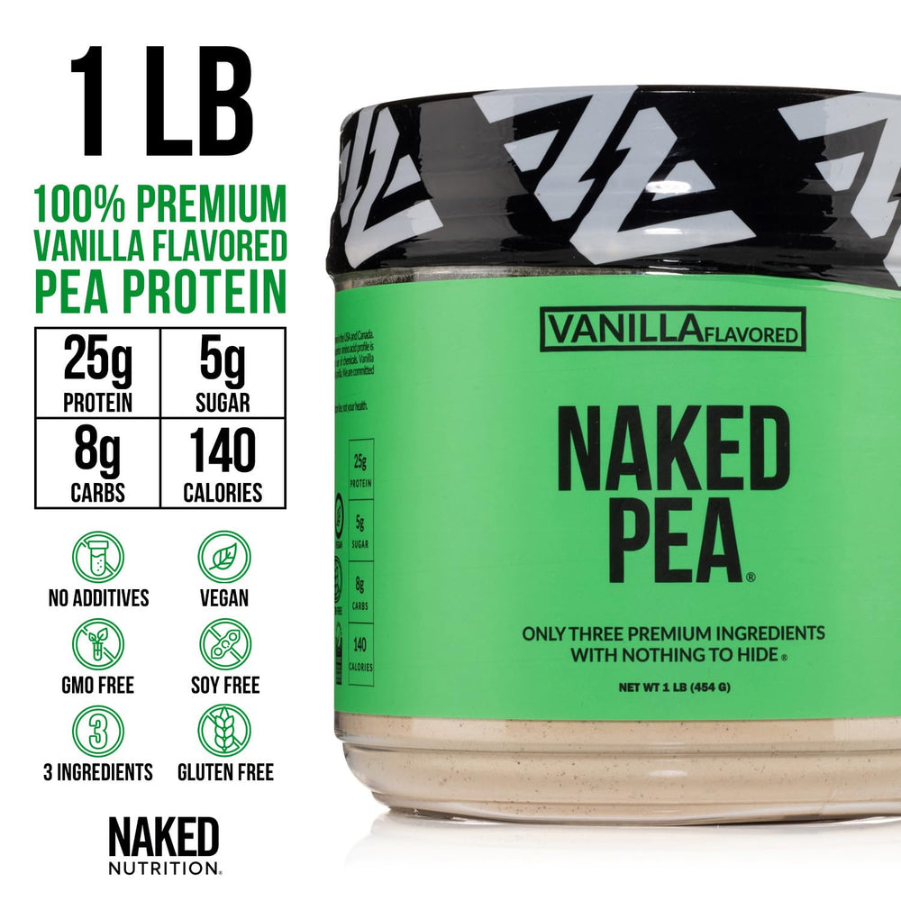 NAKED Vanilla Pea Protein mixed shake glass demonstrates creamy, dairy-free vanilla goodness