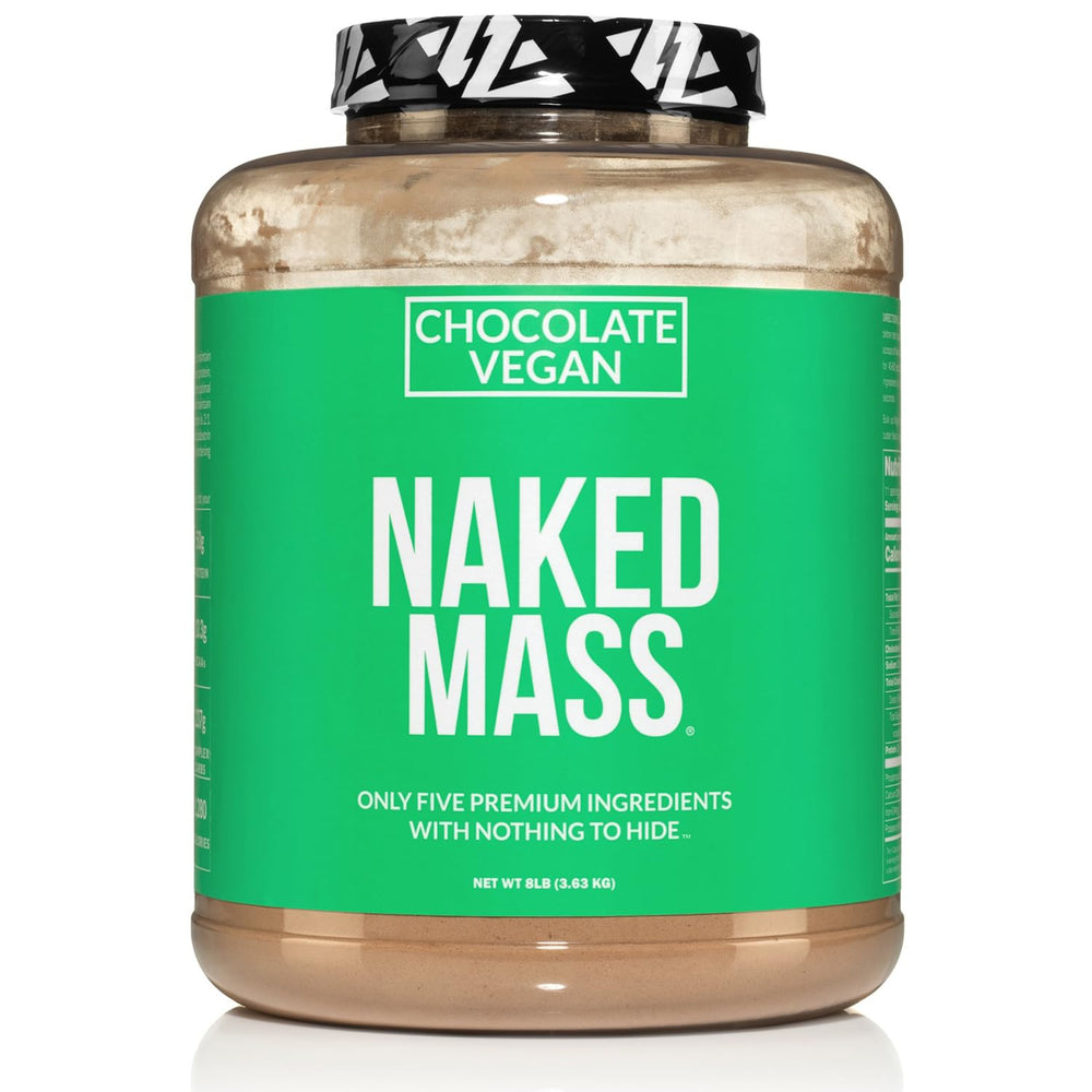 NAKED Vegan Mass chocolate powder jar with premium vegan protein blend