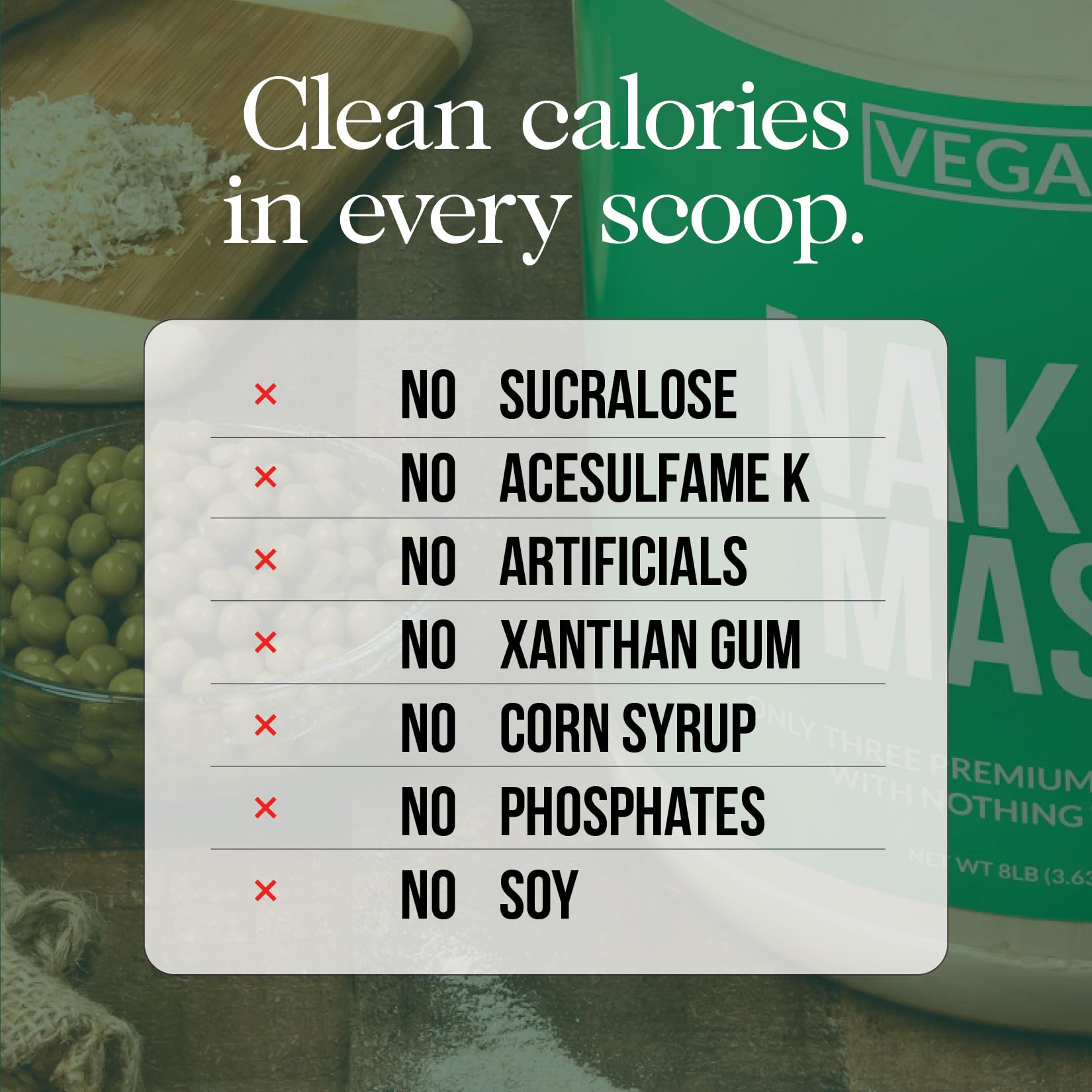 NAKED Vegan Mass vanilla tub label close-up, non-GMO and dairy-free formula