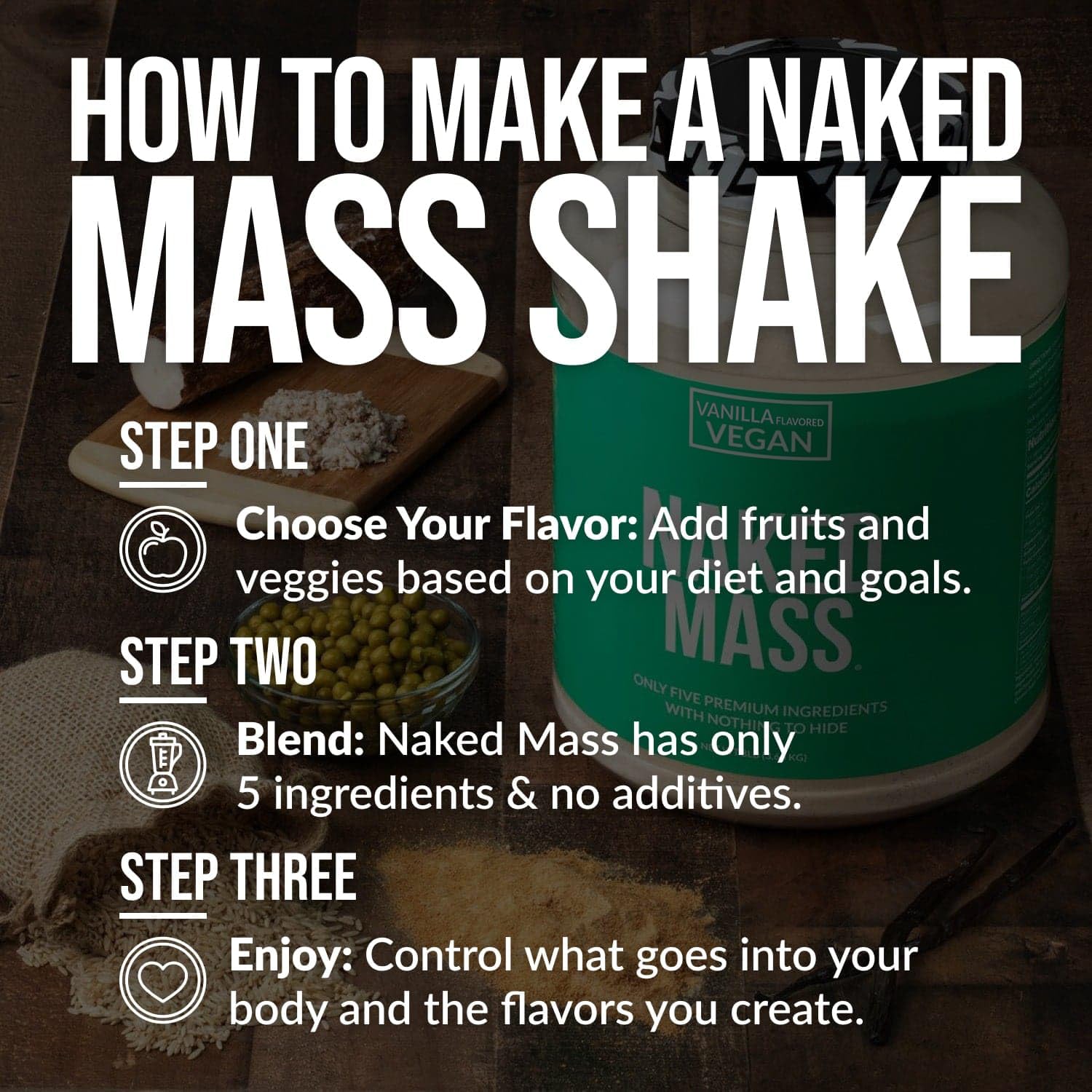 Packaging view of NAKED Vegan Mass vanilla emphasizes clean ingredients