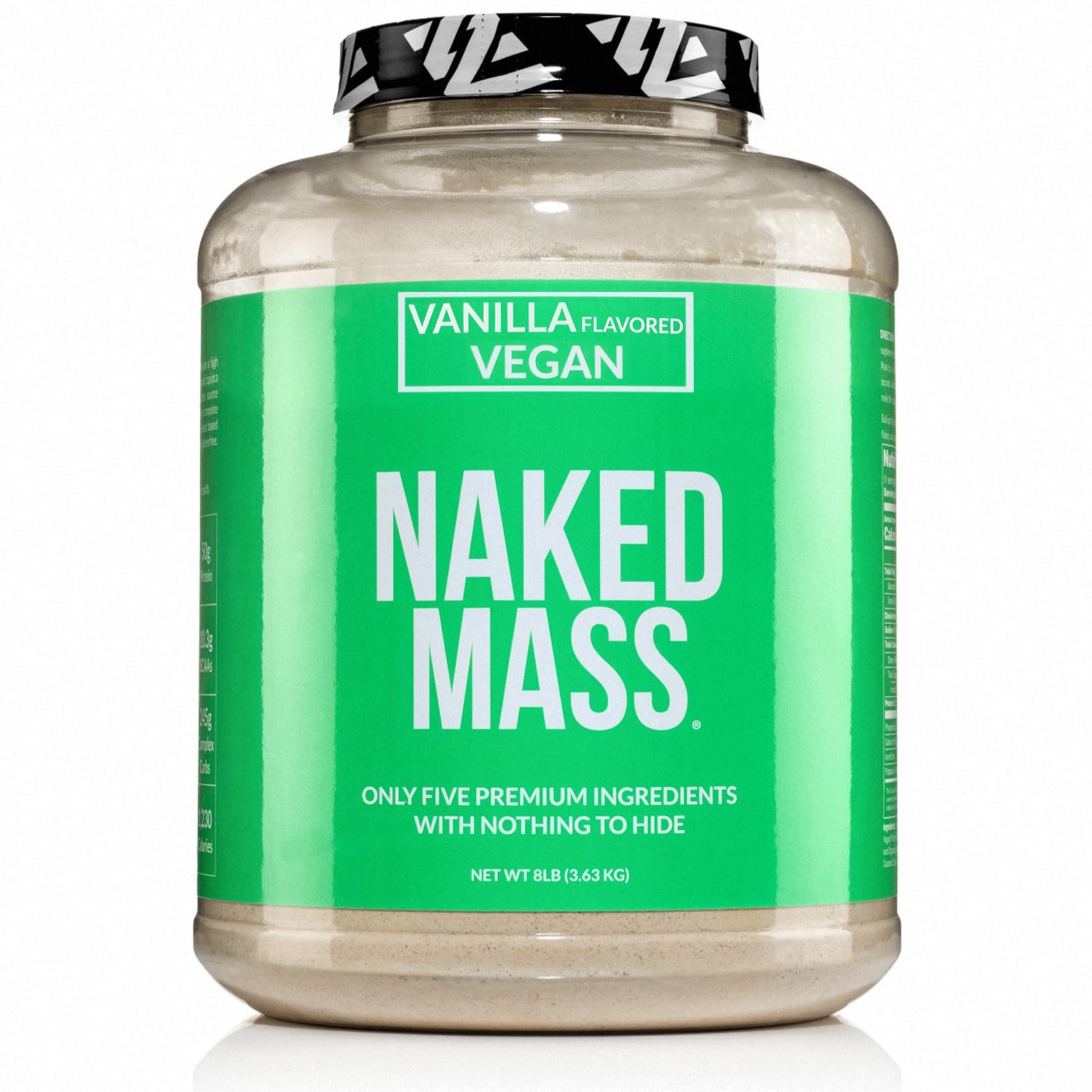 NAKED Vegan Mass vanilla tub front, clean vegan calories for daily shakes