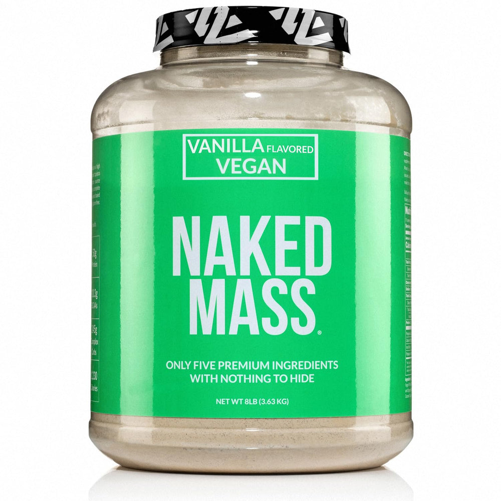 NAKED Vegan Mass vanilla tub front, clean vegan calories for daily shakes