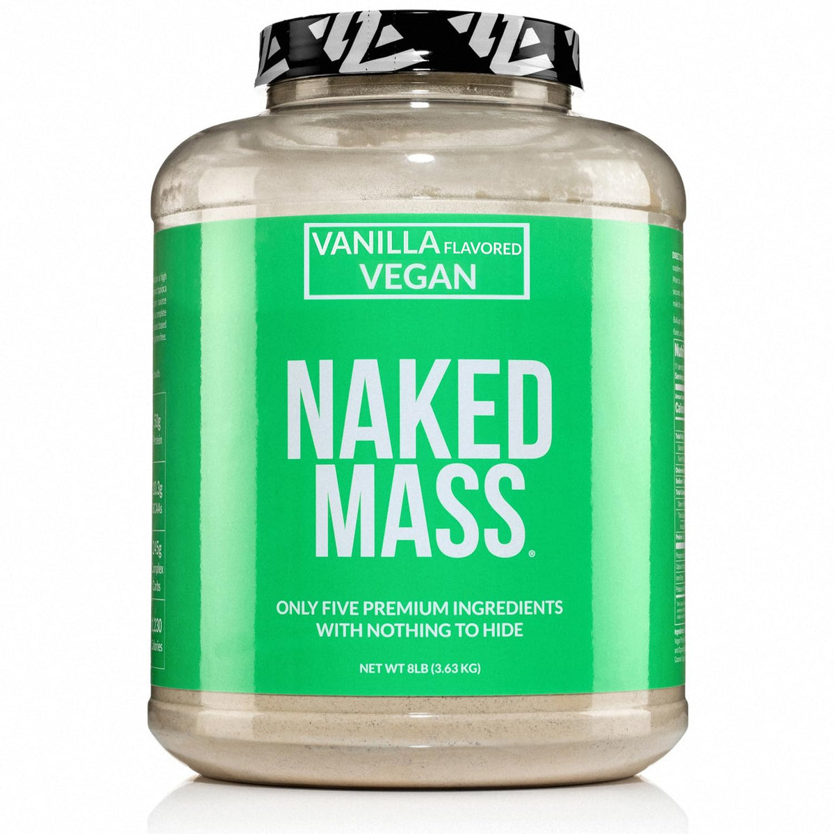 NAKED Vegan Mass vanilla tub front, clean vegan calories for daily shakes