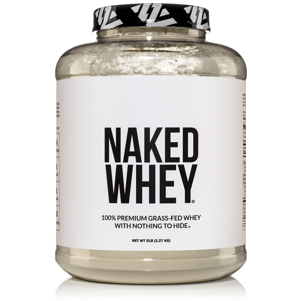 NAKED WHEY 5LB container front view showing pure grass-fed protein for muscle support.