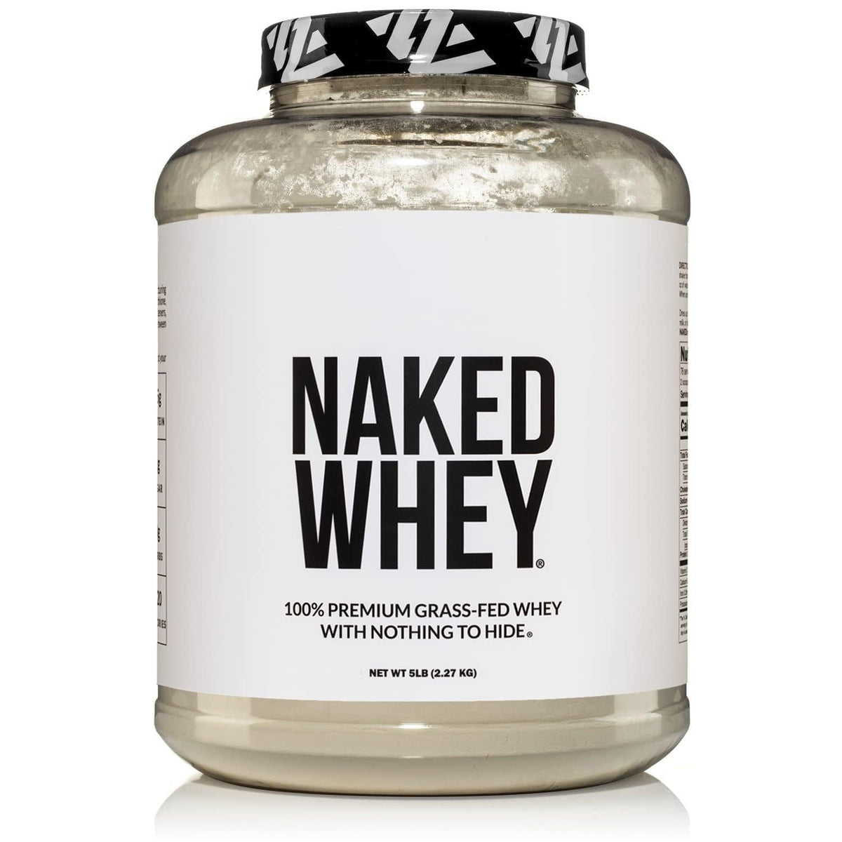 NAKED WHEY 5LB container front view showing pure grass-fed protein for muscle support.
