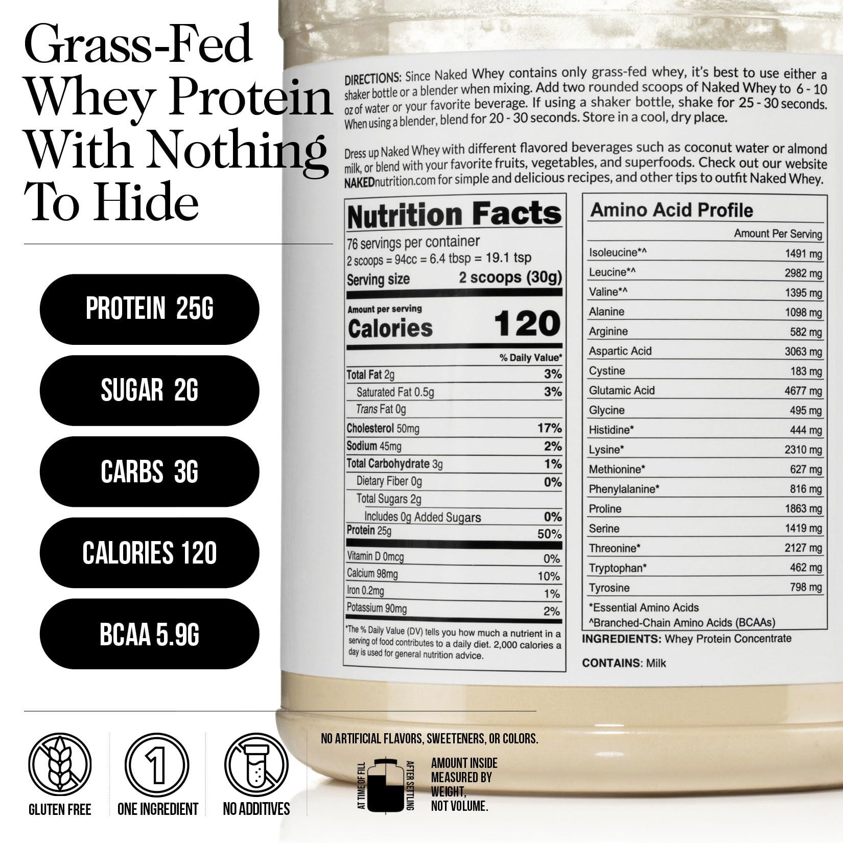 Ingredients label highlighting the one-ingredient formula of Naked Whey.